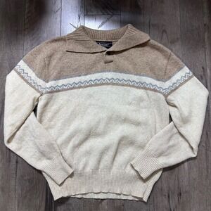 Vintage 1970s Jantzen Mens Shawl Collar Tan Knit Wool Fair Isle Sweater Sz M